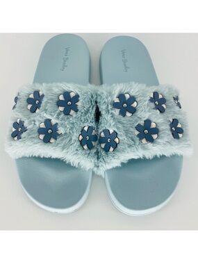 Vera Bradley Cozy Slides, Baby Blue Floral/Faux Fur, Women's Large 9/10